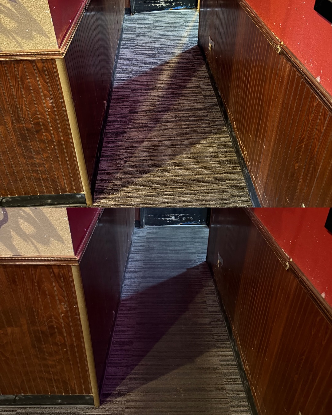 Restaurant aisle before and after carpet cleaning — burgundy walls and wood paneling