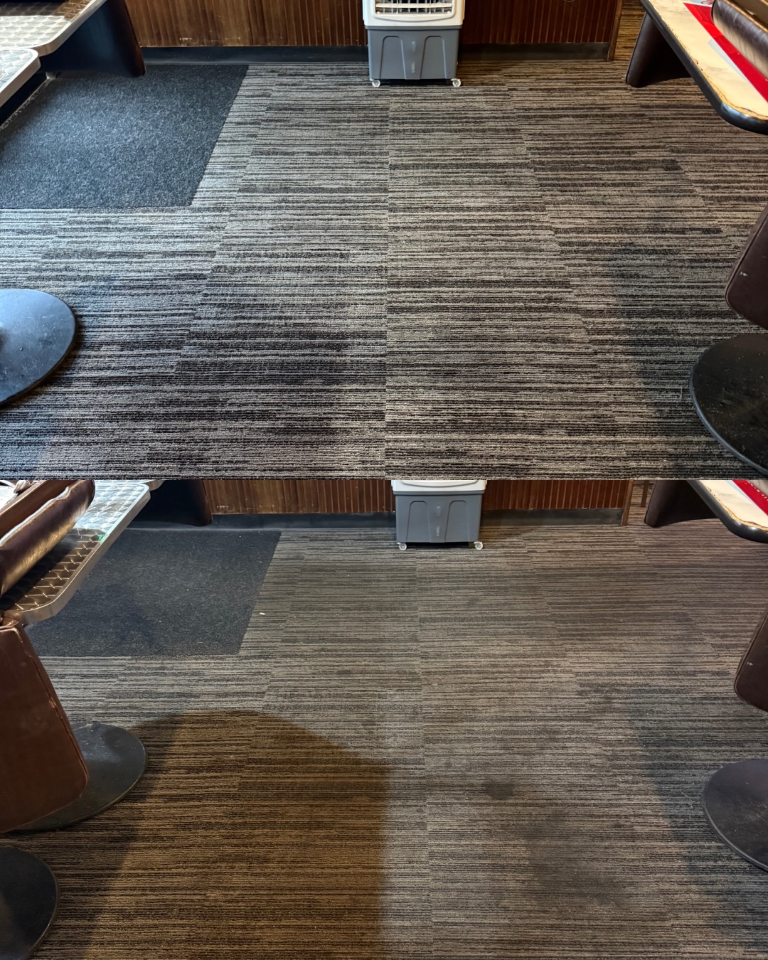Restaurant carpet tile cleaning before and after — top half clean, bottom half stained