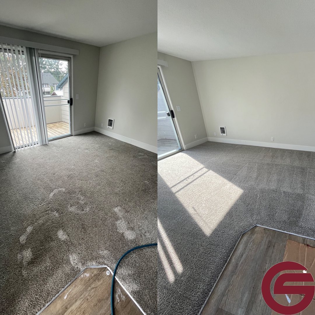Side-by-side before and after of residential carpet — stains on the left, completely clean on the right