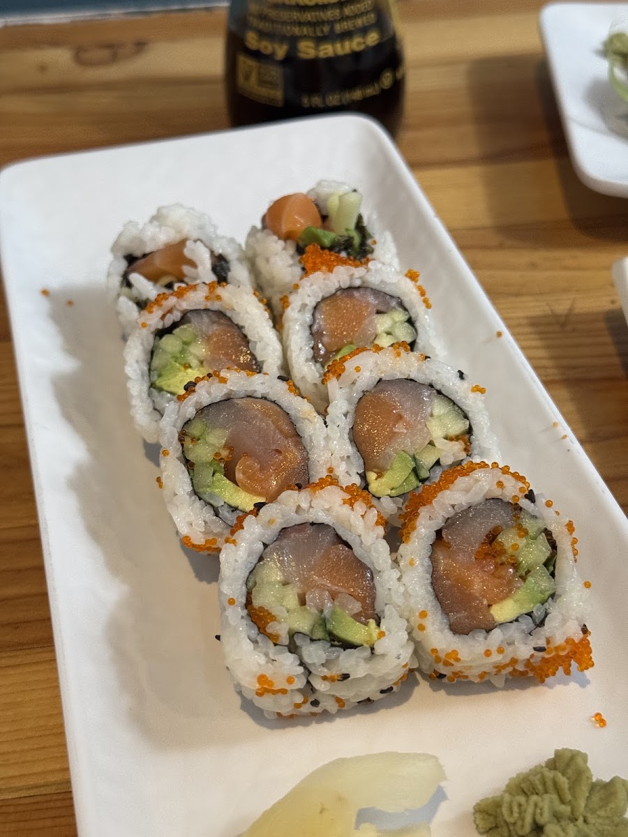 The Mizu Sushi Roll — yellow tail, salmon, avocado, cucumber, tobiko